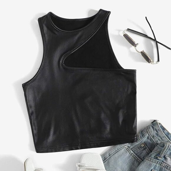 SHEIN Tops - Womens Black Faux Leather Crop Top Tank Top